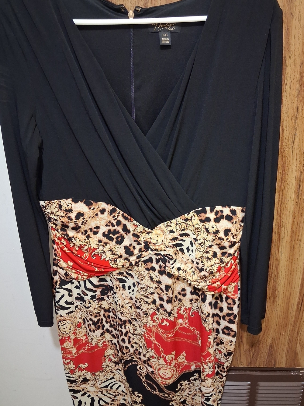 Thalia Sodi Black Faux-Wrap Dress with Red and Gold Baroque Animal Print